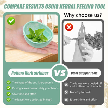 Rimigood Handmade Ceramic Herb Stripper Bowl-Ceramic Herb Peeling Bowl Kitchen Herbs Leaf Stripping Tool Pottery Herb Peeler for Kale, Thyme, Basil, Rosemary Stripper (Green)