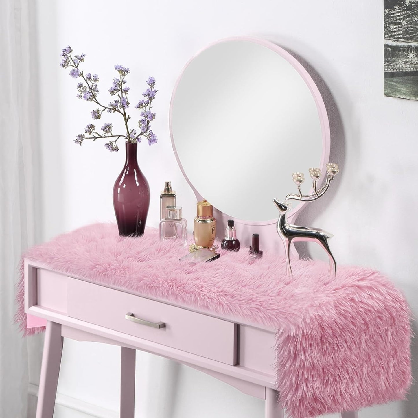 12x36 inch, Pink Table Runner Soft Fluffy Faux Fur Dresser Scarf for Bedroom, Coffee Table, Small Nightstand Cover