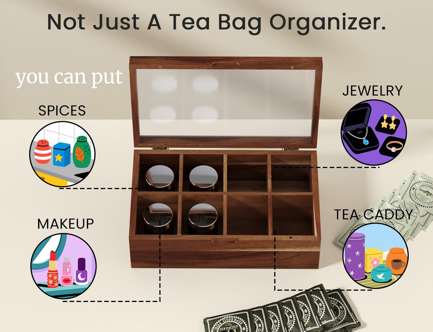Danfoxer Acacia Wood Tea Bag Organizers, Tea and Sugar Packet Storage Chest,Wooden Teabag Holder Containers,Teabox Storage Box with 8 Compartments and Clear Acrylic Top Window