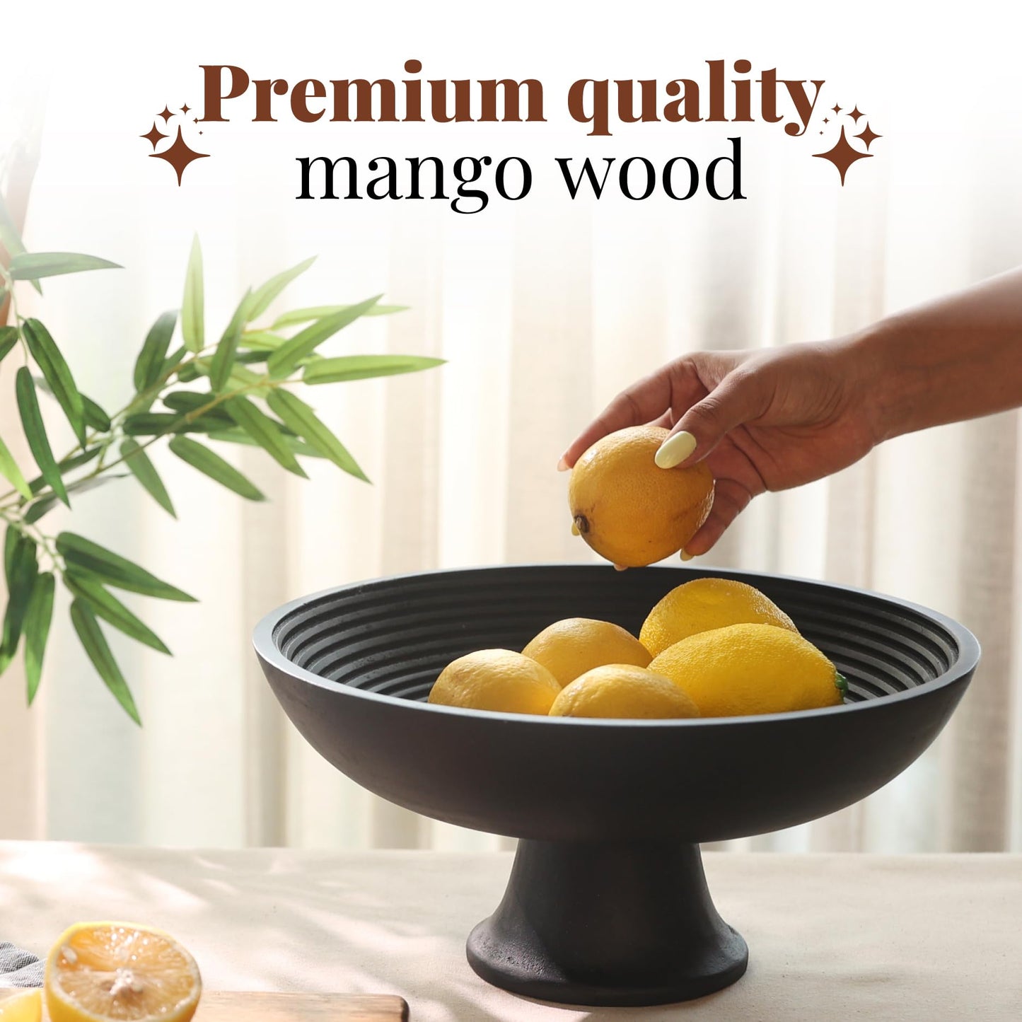 Folkulture Wooden Fruit Bowl for Kitchen Counter | 12" Large Premium Eco Friendly Banana Fruit Basket for Kitchen | Black Wood Bowl with Holder, Pedestal for Table Decor, Mothers Day Gifts
