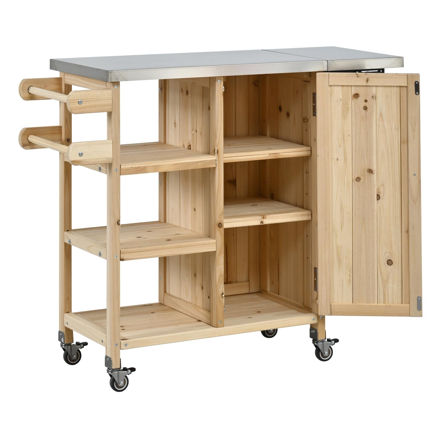 Foldable Outdoor Kitchen Island Cart with Stainless Steel Top, Rolling Grill Table with Storage Cabinet Shelves and Double Towel Rack, Wooden BBQ Prep Station with Lockable Wheels for Patio, Natural