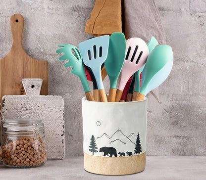 Bear Utensil Holder for Countertop, Ceramic Kitchen Utensil Crock, Large White Cooking Utensil Holder with Forest Design