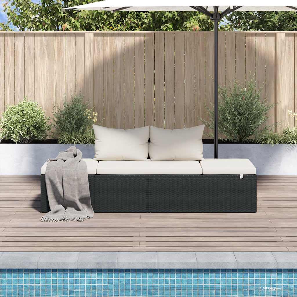 HGKMBRY Outdoor Lounge Bed with Removable Cushion Covers in Black PE Rattan, Black and Cream Design, 76.8 x 23.6 Inches with Multi-Position Backrest