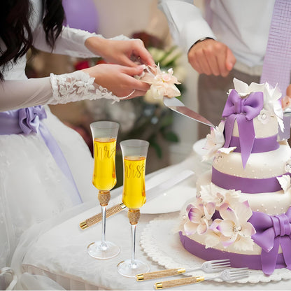 VARLKA Wedding Cake Knife and Server Set, Gold Cake Cutting Set for Wedding, Mr and Mrs Champagne Flutes for Bridal Shower Gifts Engagement Gifts for Couples