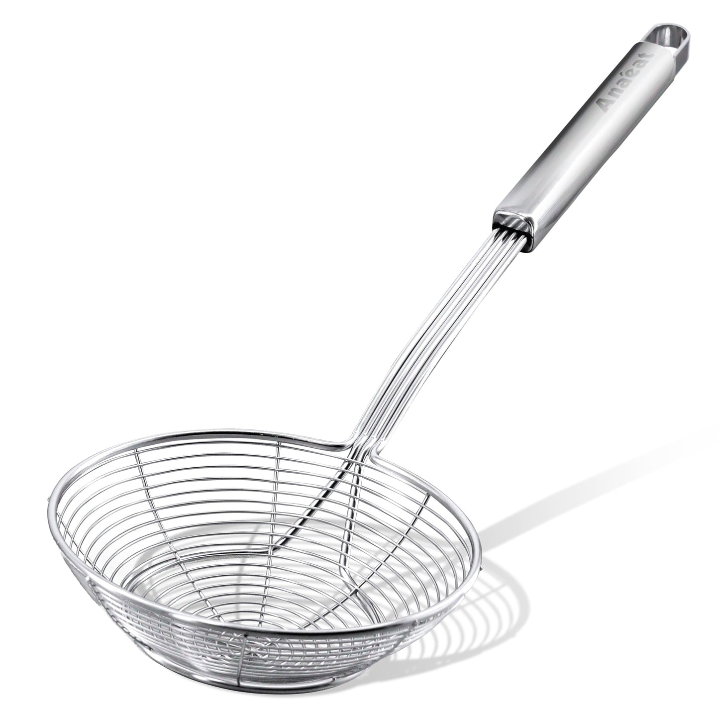 Anaeat Stainless Steel Spider Strainer Skimmer - Solid Kitchen Strainer Ladle with Long Handle for Cooking and Frying, Reinforced Double Coil Slotted Spoons for Pasta, Noodle, Spaghetti (7 Inch)