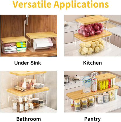 2 Pack FELIZHOUSE Trash Bag Holder with Bamboo Lid, Stackable Garbage Bag Dispenser Under Sink , Storage Organizer