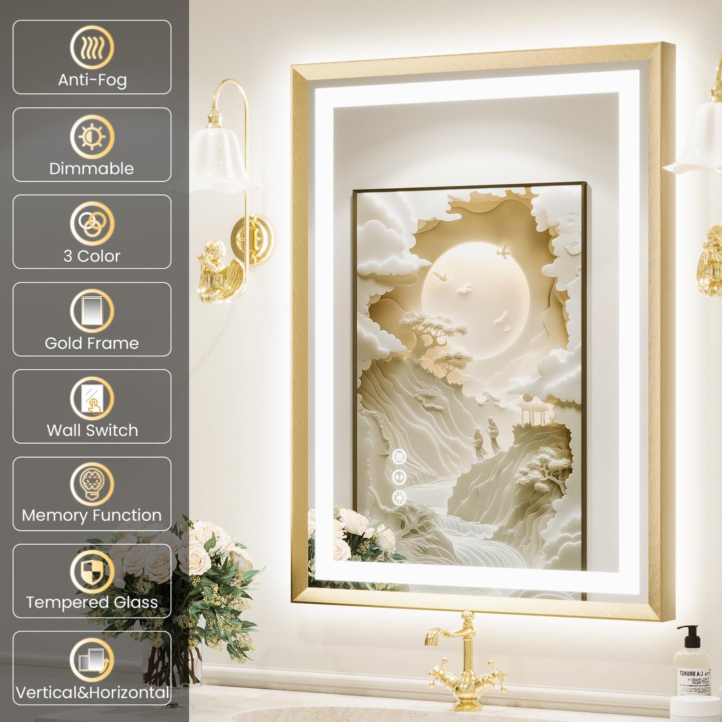 miskerm 55x36 Bathroom Mirror with Lights, Brushed Gold Metal Frame with Backlit + Front Lit, LED Bathroom Mirror, Anti-Fog, Dimmable, Bathroom Vanity Mirror Tempered Glass(Horizontal/Vertical)