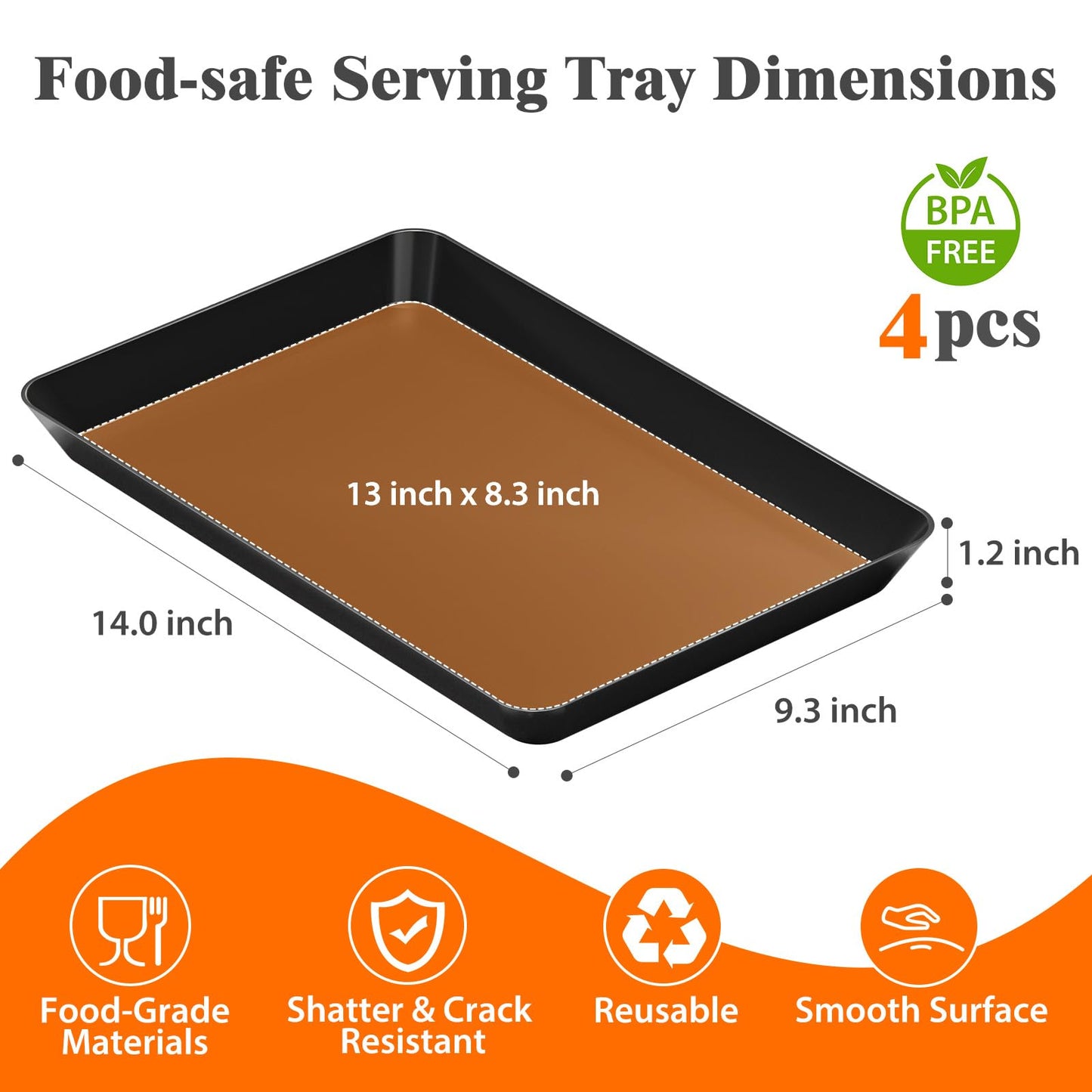 SpaceTrove 4-Pack Serving Tray Set, Reusable Plastic Serving Platter for Party Supplies, Entertaining, Grilling Accessories, Stackable Kitchen Snack Box Container for Dessert, Fruit, Cookie, (Black)