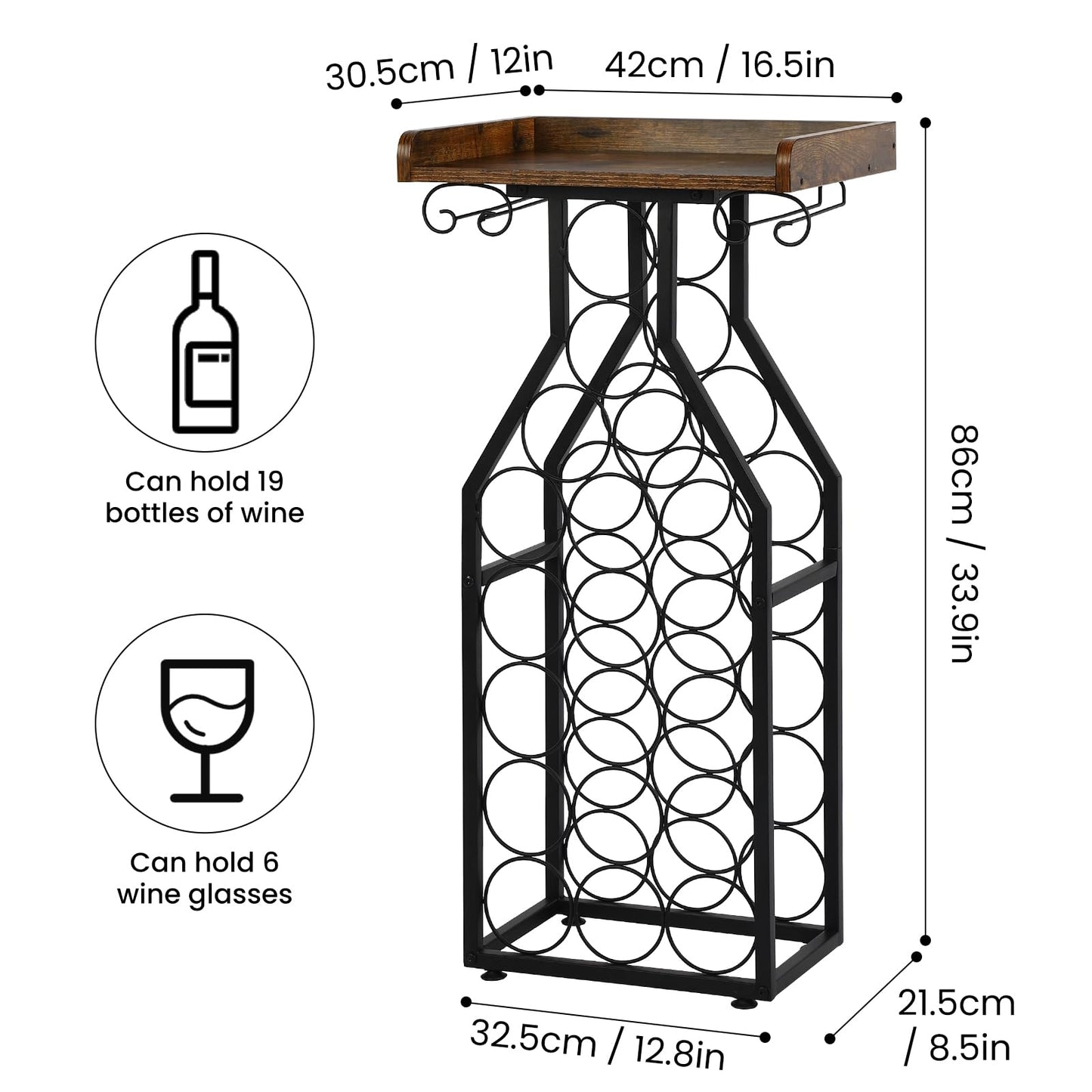 Plinthos Wine Rack Floating Shelvesr Versatile Liquor Stand for Home Bar Mini Bar Table Wine Holder Stand Liquor Cabinet with Glass Holder Wood Tabletop 19 Bottles Floor Dining Room, Living Room