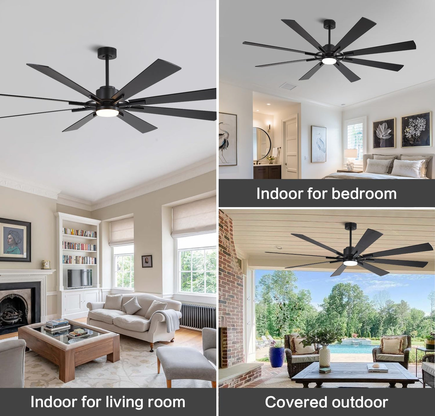 WINGBO 72" DC Ceiling Fan with Lights and 3 Downrods, Matte Black, 8 Plywood Blades, 6-Speed Reversible DC Motor, Large for Kitchen, Bedroom, Living Room