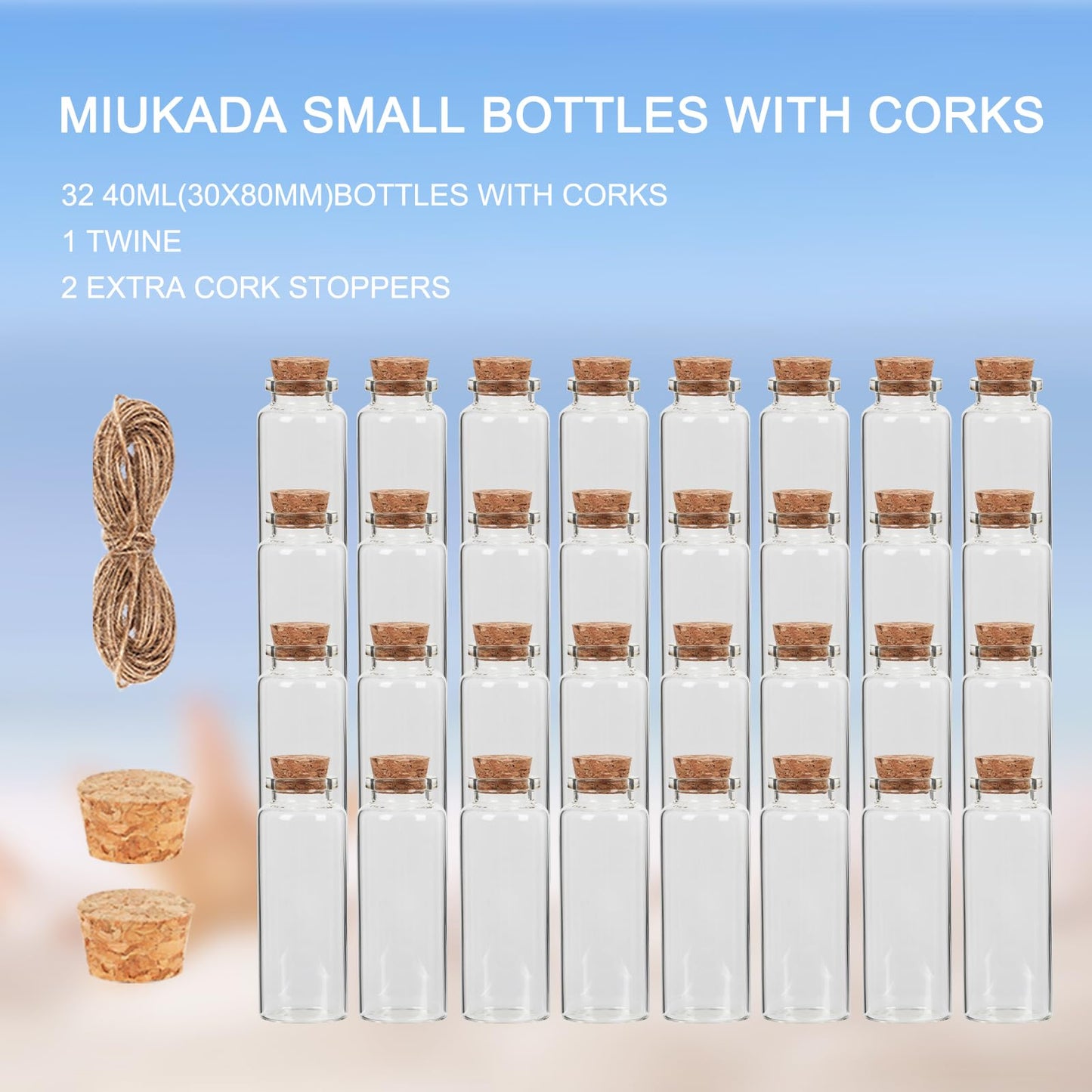 40 ml Small Glass Bottles with Cork, 32 Pack Mini Bottles with Twine & EXTRA Cork Stoppers, Small Vials with Lids, Tiny Glass Bottle, Mini Potion Bottle for Theme Party, Sand