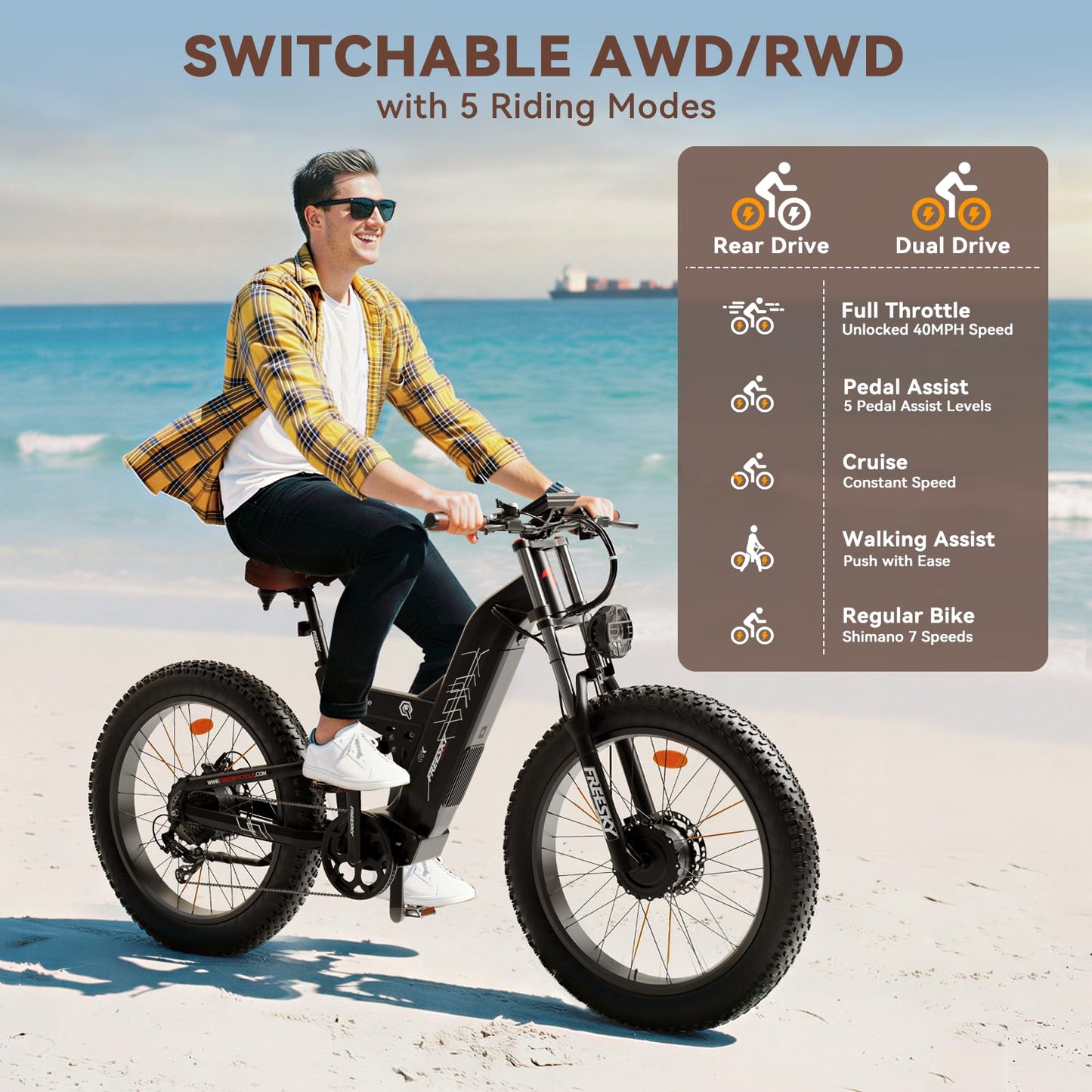 FREESKY 4000W Dual Motor Electric Bike for Adults, 48V 30AH Battery 120Miles Range, 40+MPH AWD Fast E-Bike, 26" Fat Tire Full Suspension Off-Road Mountain E Bike, Black, with Cycling Kits