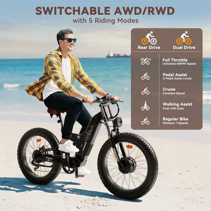 FREESKY 4000W Dual Motor Electric Bike for Adults, 48V 30AH Battery 120Miles Range, 40+MPH AWD Fast E-Bike, 26" Fat Tire Full Suspension Off-Road Mountain E Bike, Blue Grey, with Cycling Kits