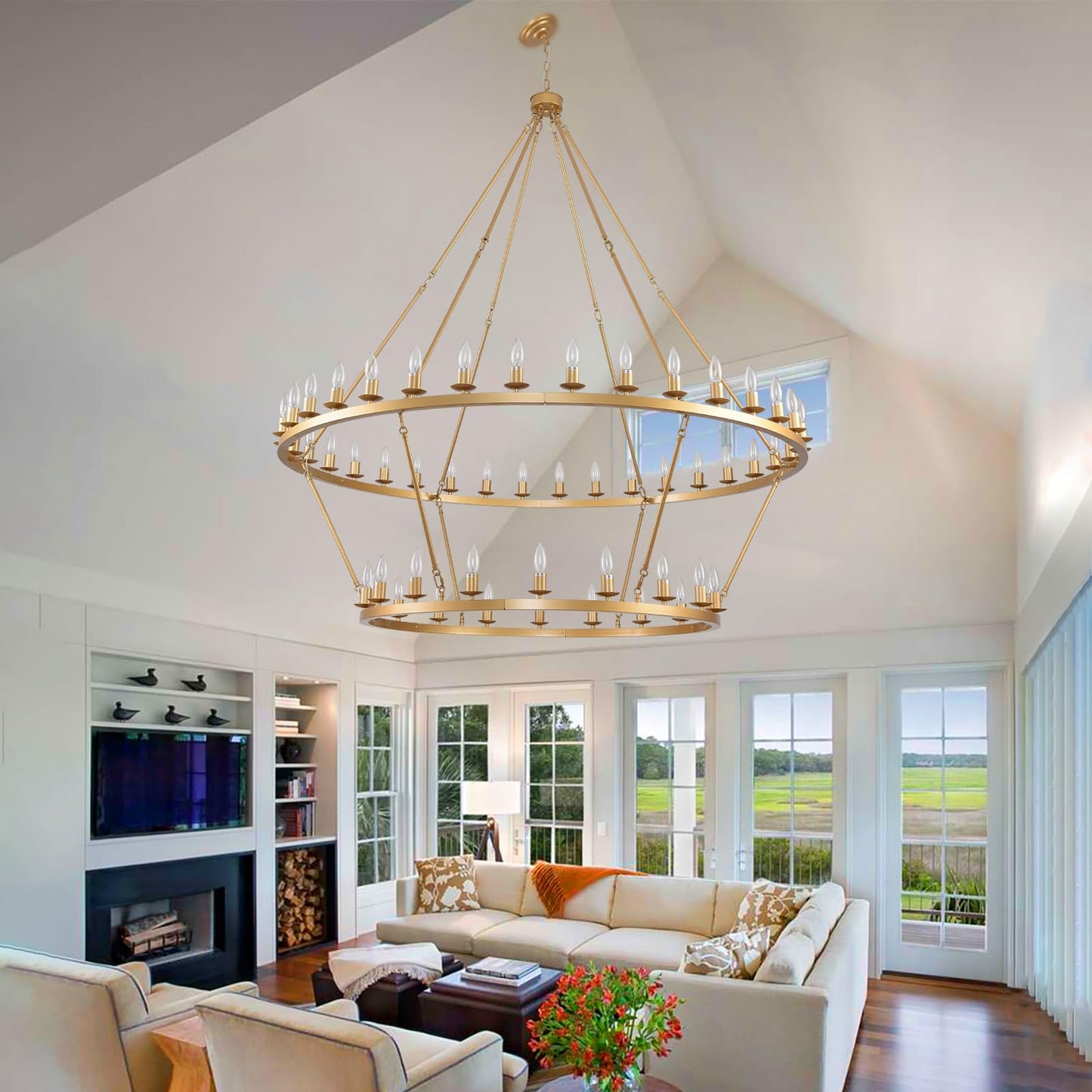 JKLX 60 Inch Gold Extra Large Wagon Wheel Chandelier, 2 Tier 54-Lights Farmhouse Industrial Round High Ceiling Pendant Light Adjustable Chain, for Dining Room, Living Room