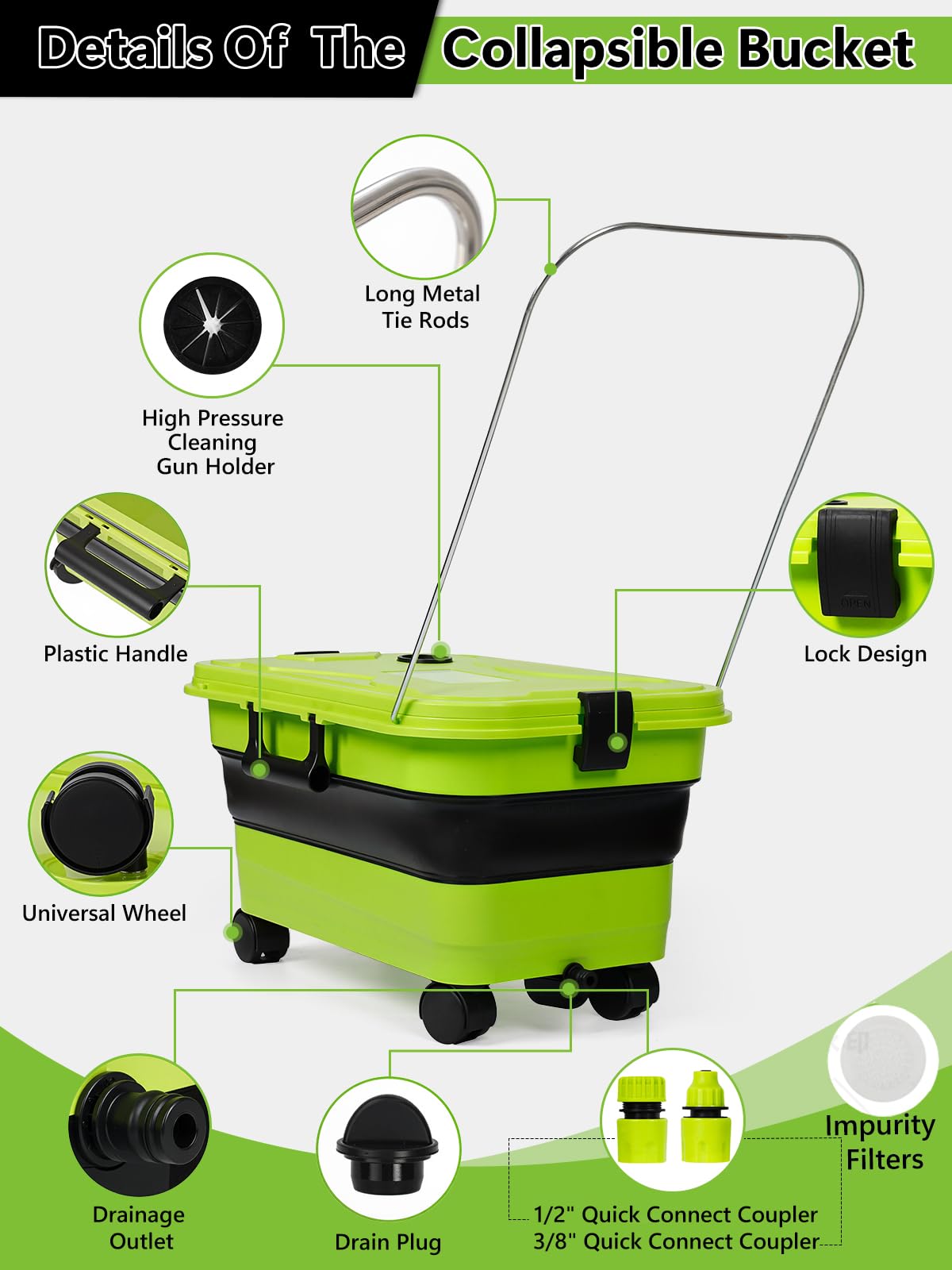 Collapsible Bucket 5.8 Gallon 22L with Wheels Handle Drain Plug Water Outlet and 2 Universal Connectors for Portable Pressure Washer Cordless Car Washing Camping RV Pet Bath Multi-Use