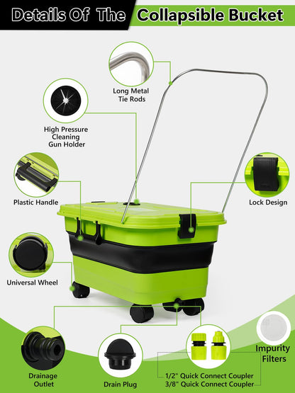Collapsible Bucket 5.8 Gallon 22L with Wheels Handle Drain Plug Water Outlet and 2 Universal Connectors for Portable Pressure Washer Cordless Car Washing Camping RV Pet Bath Multi-Use