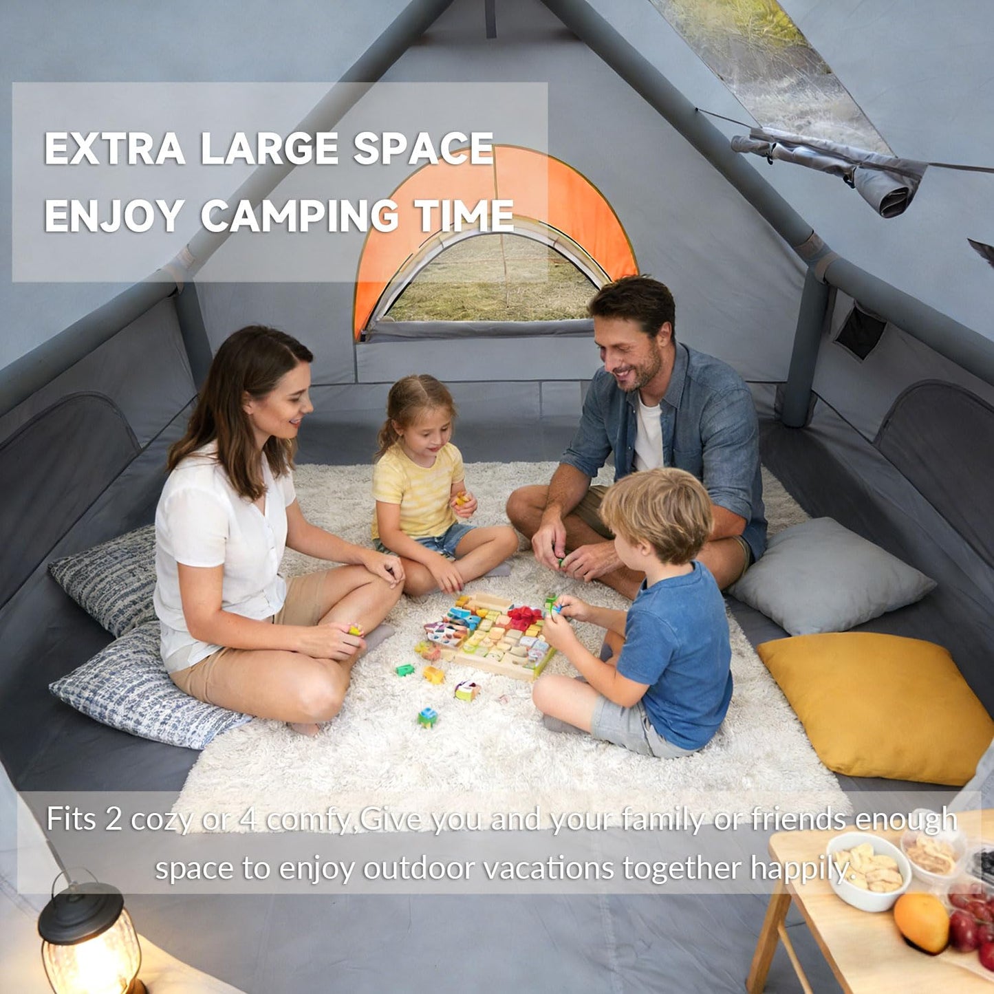 AORZCOR Inflatable Camping Tents, Easy Setup Blow up Tent with Hand Pump, 2-4 Person, Glamping Tents with Stove Jack, Tent with Skylight, Waterproof, 4 Season (Grey)