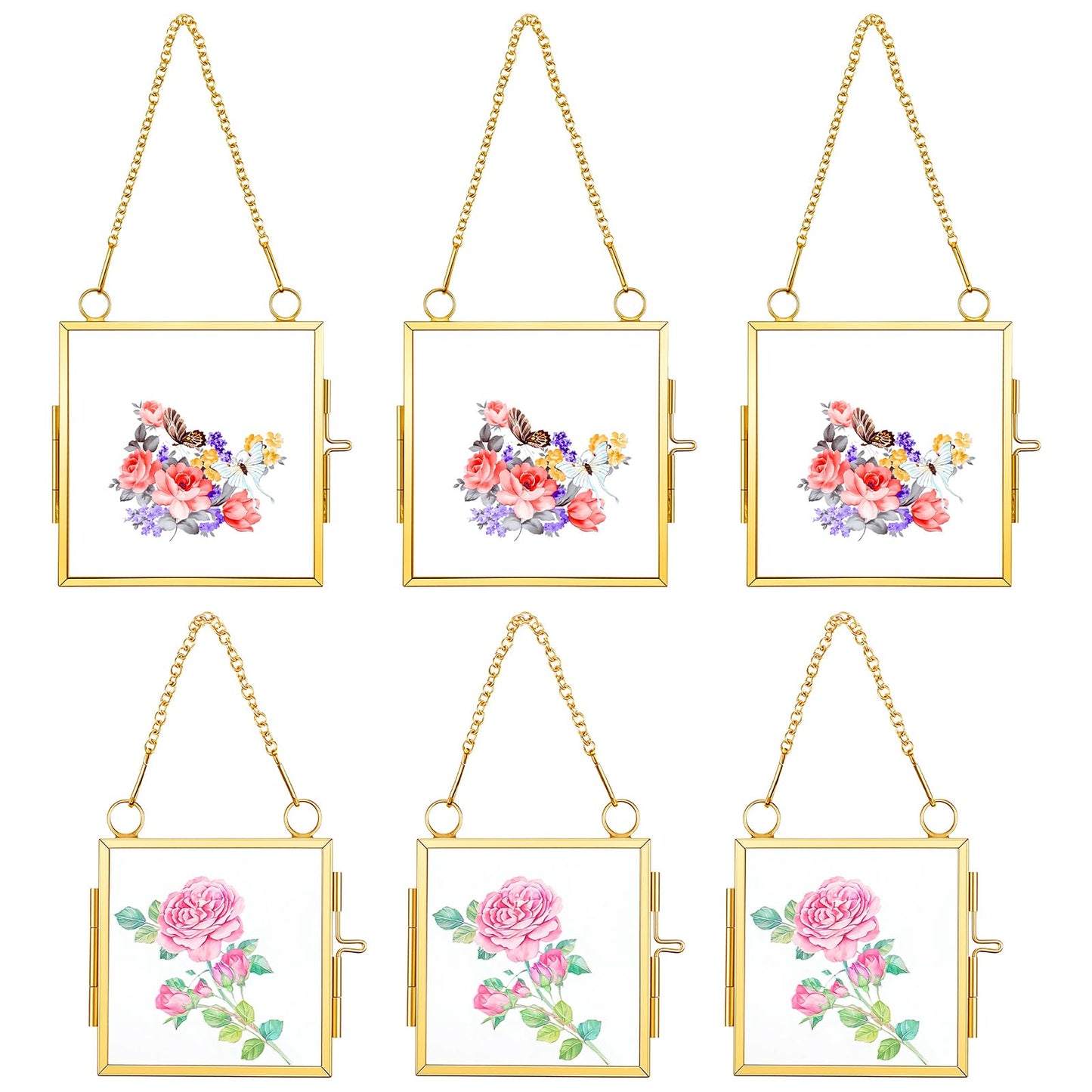 6 Pcs Mini Double Glass Pressed Flower Photo Frame Craft with Chain, 2.36" and 3.14" Small Square Glass Flower Frame for Christmas Handicraft Home Decor Gallery Artwork