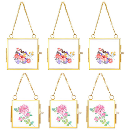 6 Pcs Mini Double Glass Pressed Flower Photo Frame Craft with Chain, 2.36" and 3.14" Small Square Glass Flower Frame for Christmas Handicraft Home Decor Gallery Artwork