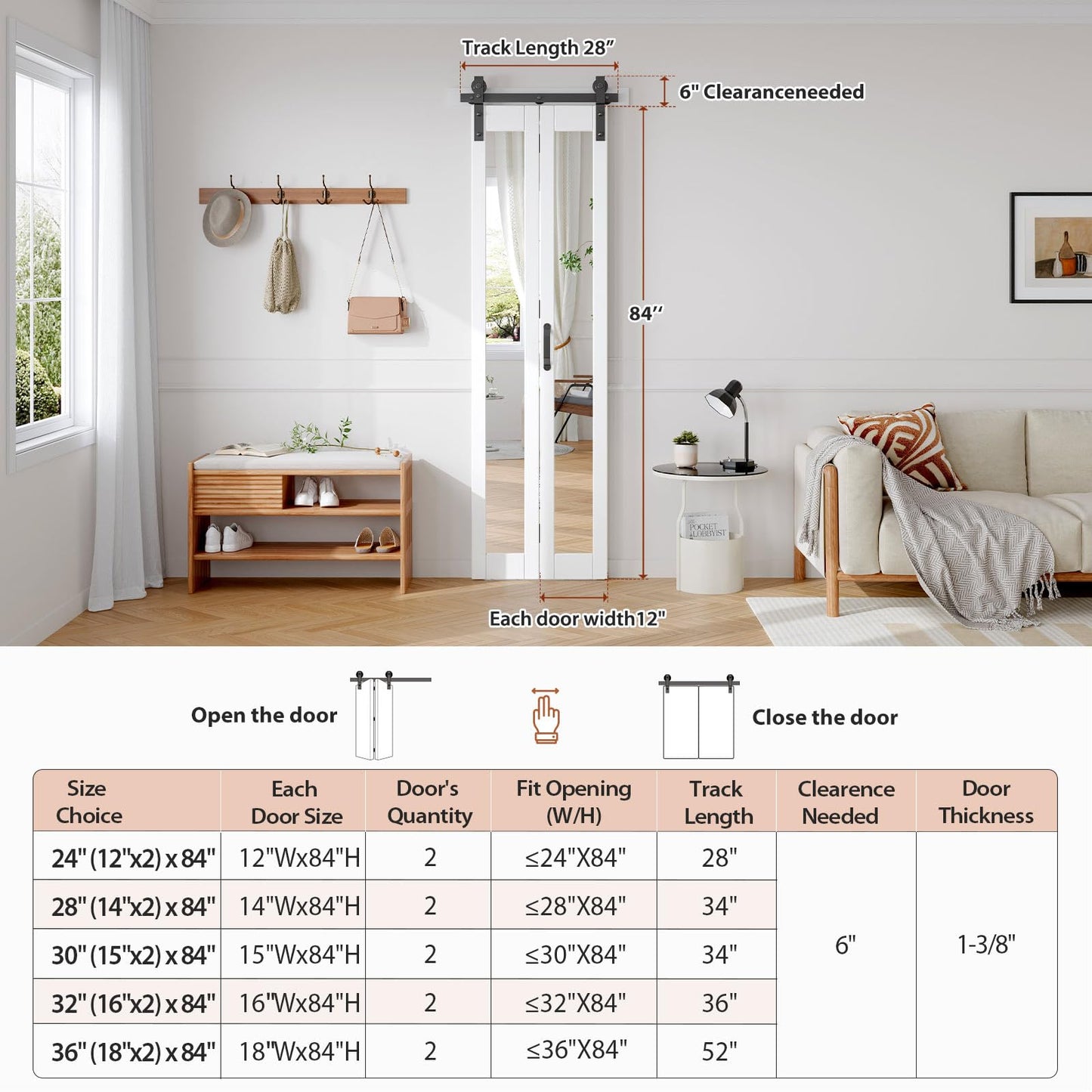 FREDBECK Bifold Barn Door 24x84 (Double 12x84) with 1 Lites Mirror,Bi-fold Closet Doors Hardware Kit Included,28" Track for 2 Doors, PVC, White,for Living Room, Bathrooms, Kicthen