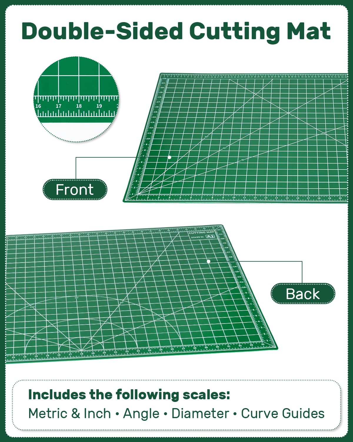 Tujurich Self Healing Cutting Mat, 23" x 35", Double-Sided Rotary Cutting Mat for Sewing, Quilting, Scrapbooking, Fabric & Craft Cutting Board, (A1), Green
