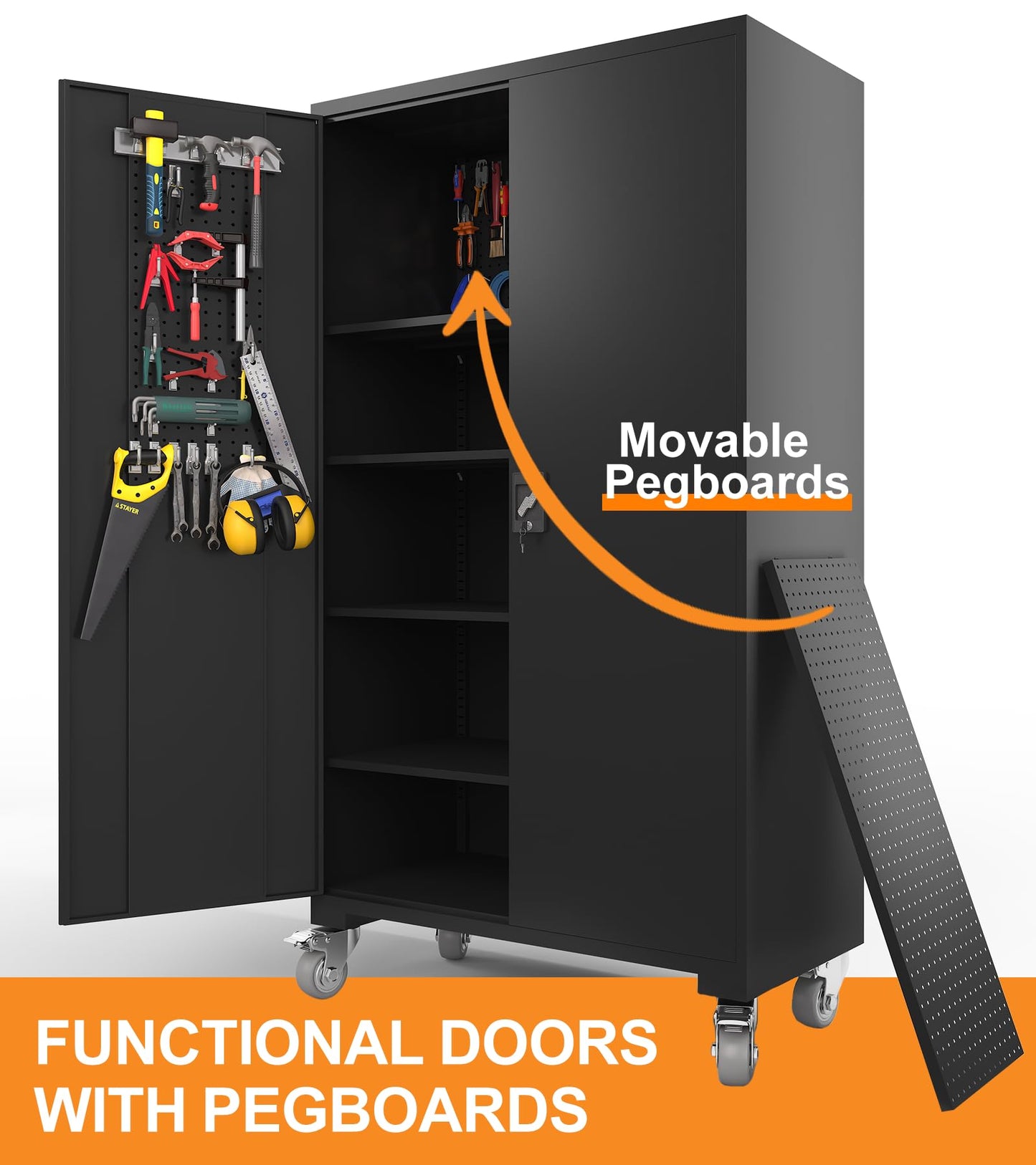 ANTISTA Large Metal Cabinet Two Lockable Doors Four Wheels,Four Adjustable dividers can be Used as Tool File Storage Suitable for garages Schools Gyms Offices