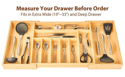 Umilife Extra Large Expandable Kitchen Siverware Utensils Drawer Organizer, 19" Deep for Big Drawer, Adjustable Bamboo Wood Drawer Divider with Curved Grooves, Cutlery Tray Flatware Holder