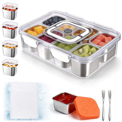 Qtencas Snackle Box Container with 8 Portable Removable Compartments, Ice Pack, Sauce Cup & Fork, Stainless Steel Divided Serving Tray with Lid and Handle for Road Trips Beach Camping