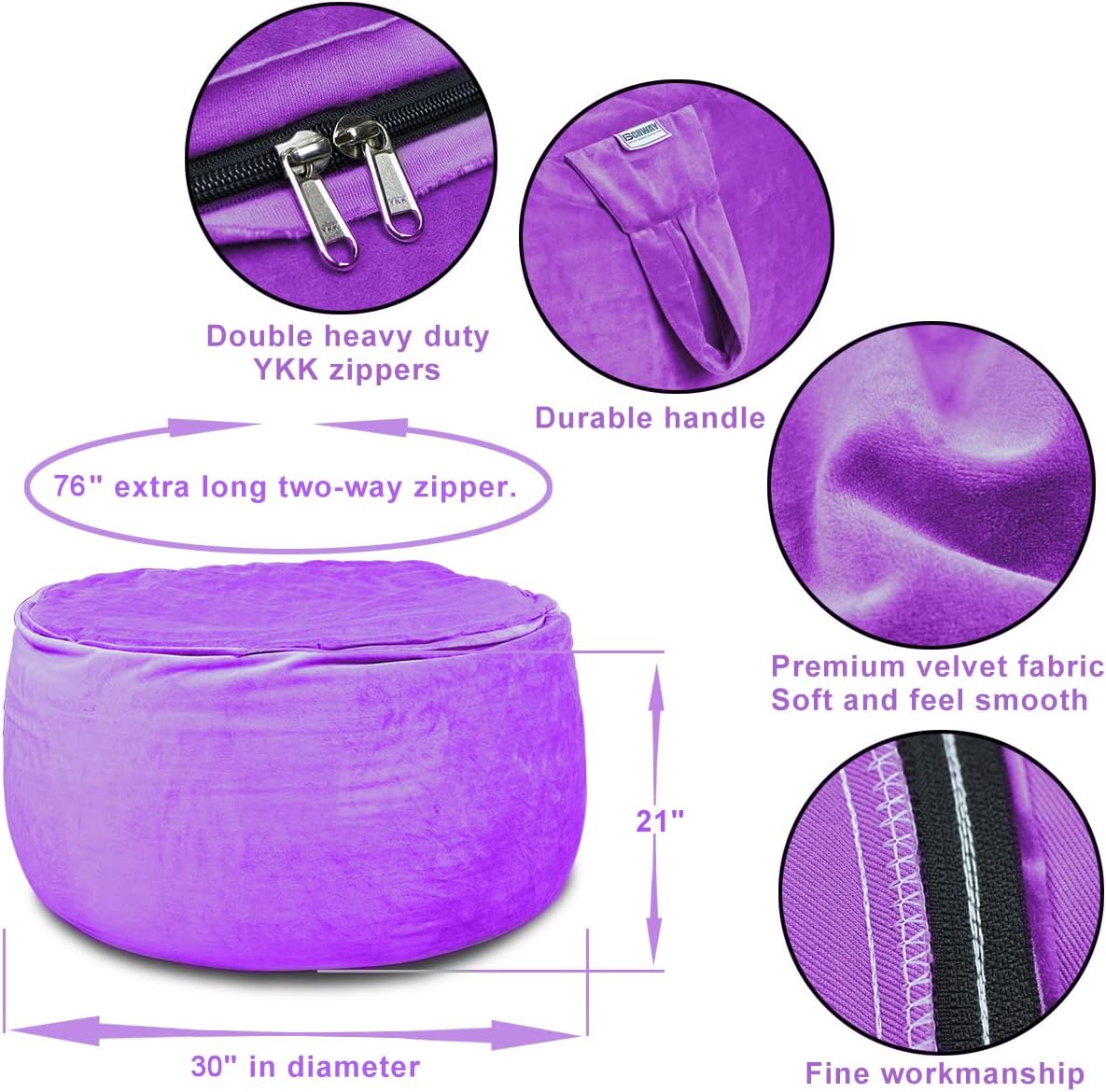 Bean Bag Chair Cover - Stuffed Animal Storage, Plush Toys Organizer, X-Large Round Purple with Handle and Zipper