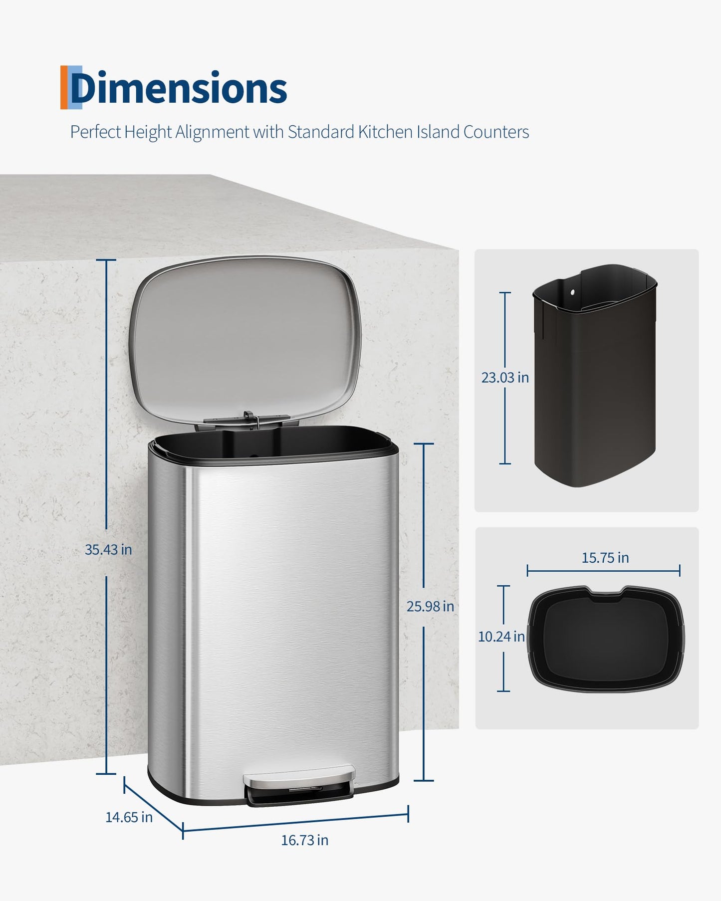 Garvee Step-on Stainless Steel Kitchen Trash Can - 13 Gal / 50 L Large Capacity, Rustproof Metal Garbage Bin with Soft Close Lid, Removable Inner Bucket & Rear Handle