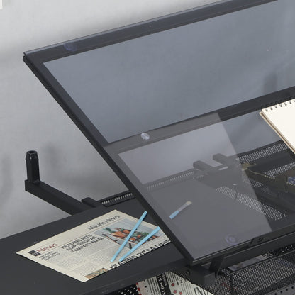 GOLGAILY Rated 72" Adjustable Drafting Table with Tempered Glass Top Black Metal Frame 40.15" L x 23.62" W
