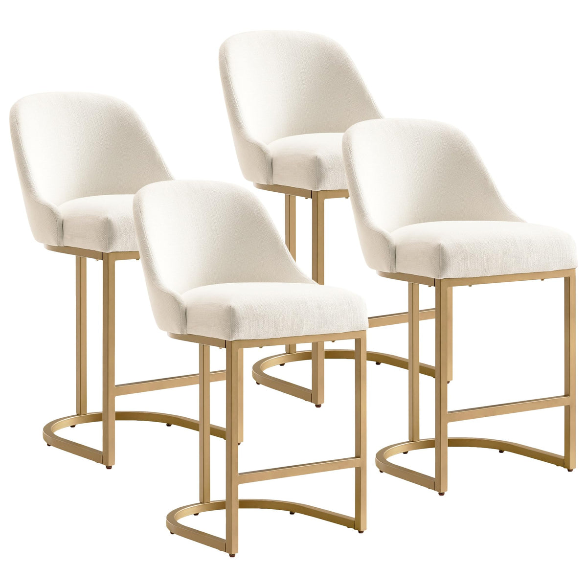 Leick Home 214957 Barrelback Counter Stool with Metal Base, Set of 4, for Elevated Kitchen Counters, High Top Tables, and Bars, Modern White Linen Seat and Gold Metal Base