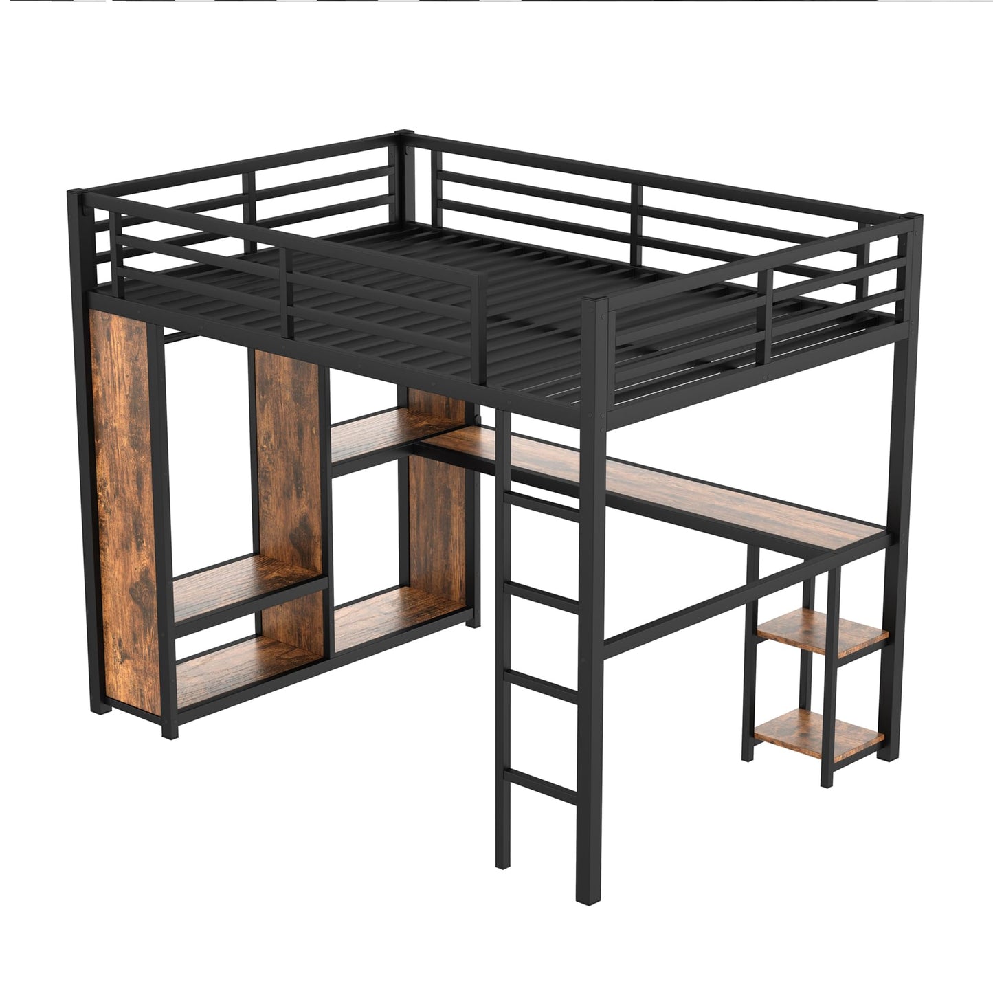 Bellemave Queen Size Loft Bed with Desk and Storage Shelves, Queen Loft Bed with Wardrobe and Hanging Rod, Game Loft Beds with Guardrail, Heavy Duty Loft Beds for Adults, Teens, Black Woodgrain