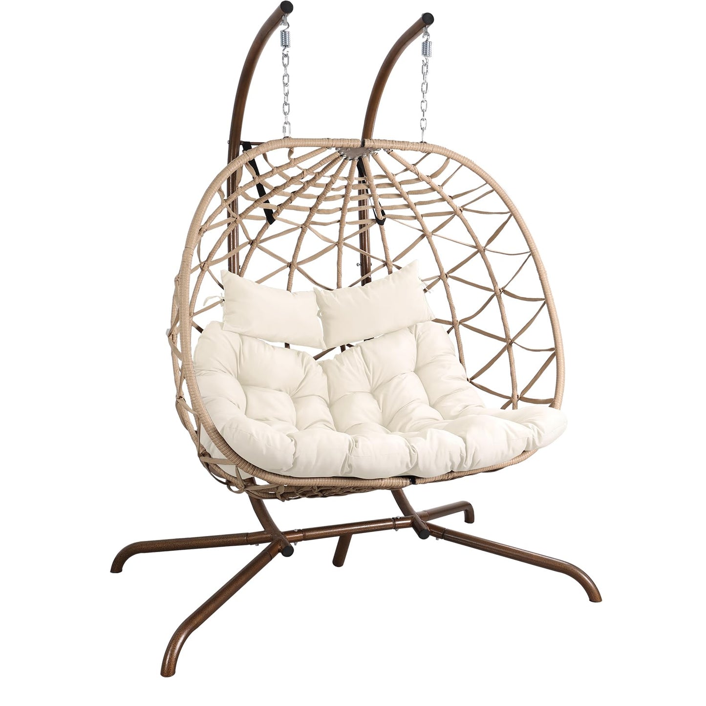 NOBLEMOOD Outdoor Egg Swing Chair with Stand, 2 Person Patio Swing Chairs with Thick Cushions and Pillows, Wicker Double Egg Chair Swing for Indoor Bedroom