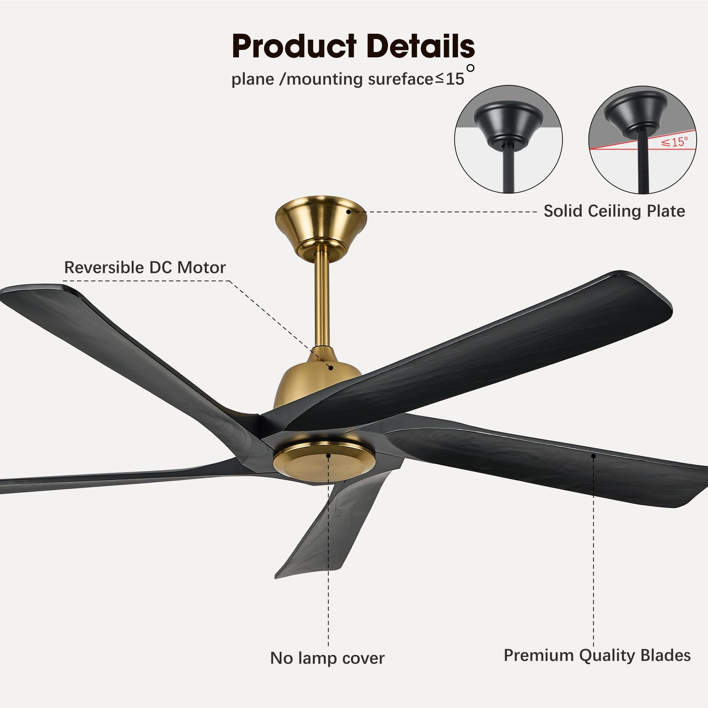 LVYEAYOU 60" Black and Gold Ceiling Fan No Lights, Remote and APP Control, 6-speed Reversible, Quiet DC Motor, Wood Ceiling Fans for Bedroom, Living Room, Office, Outdoor Patio