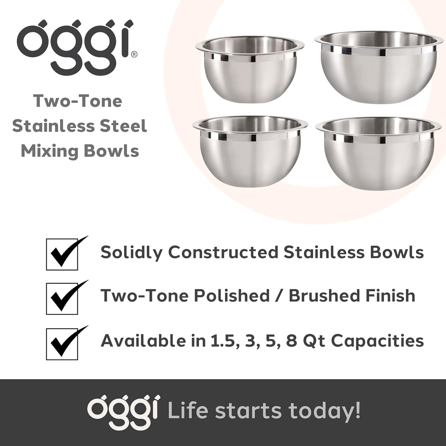 Oggi 3-Quart Two-Tone Stainless Steel Mixing Bowl for Mixing, Making Dough, Dressing Salads, Washing Vegetables