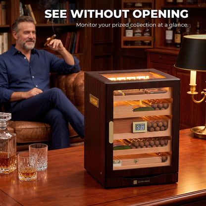 GLENCREAG M26FM-B Cigar Humidor Cabinet for 250 Cigars – Spanish Cedar Lining, Digital Hygrometer, Magnetic Seal, 5 Drawers & Accessory Storage, Transparent Top View Window– Gift for Cigar Aficionados