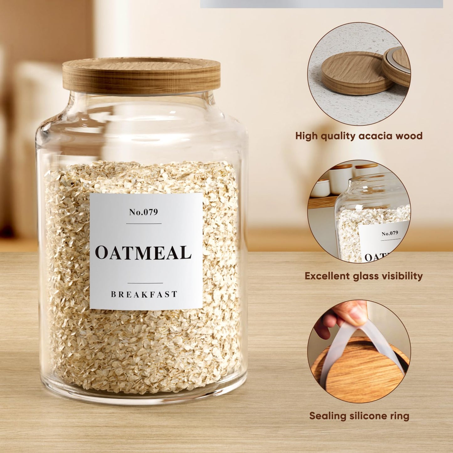 2 PCS Flour Sugar Storage Containers Glass, Large Glass Food Storage Jars with Wood Airtight Lids, 132 Pantry Labels and 2 spoon for Coffee, Flour, Sugar, Spice (70 oz/2000 ml)