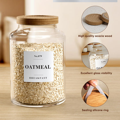 2 PCS Flour Sugar Storage Containers Glass, Large Glass Food Storage Jars with Wood Airtight Lids, 132 Pantry Labels and 2 spoon for Coffee, Flour, Sugar, Spice (70 oz/2000 ml)