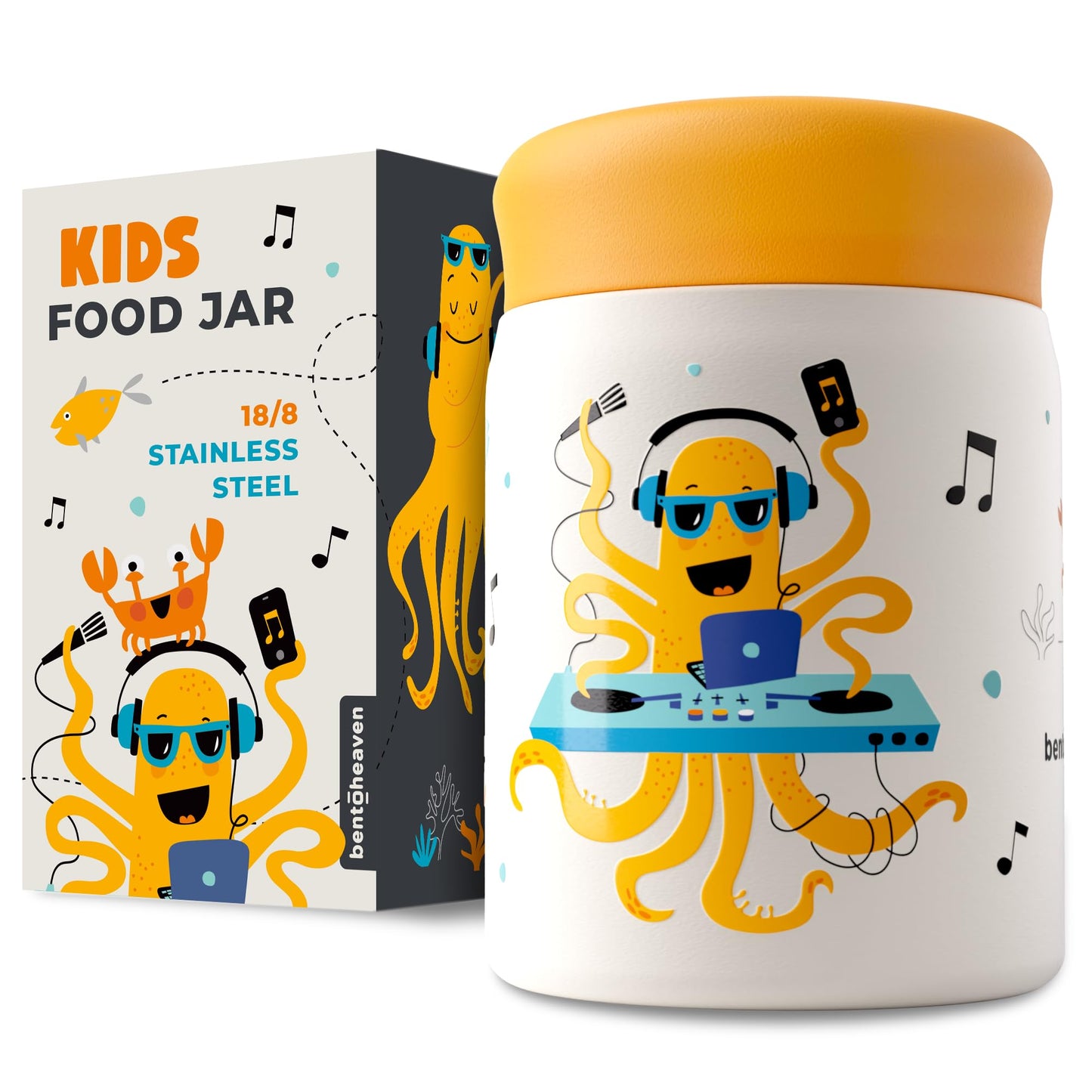 Bentoheaven Kids Food Jar (10oz) - Vacuum Insulated Container - Premium Double Wall Stainless Steel - Easy to Open - Keeps Soup Hot/Cold - Lunch Box Thermos for Kids (Orange Gray)