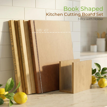 Book Cutting Board Set with Wooden Stand-Wooden Kitchen Cutting Boards That Look Like Books for Vegetables Cheese Meat, Chopping Board Gift Set for Home Cooks & Kitchen Decor