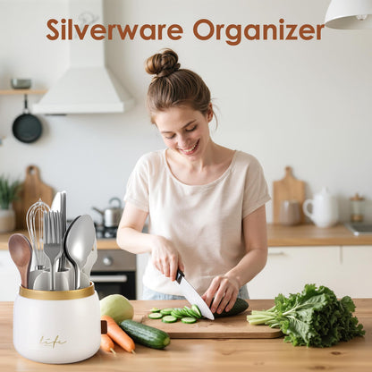 EXIN DECHEN 360° Rotation Silverware Organizer for Kitchen Counter,Utensil Holder Caddy Silverware Caddy Holder for Party,Spoon and Fork Organizer,7 Slots and Intermediate Drainage Device with Cover