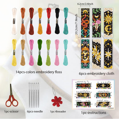 ORIGACH 6 Pcs Cross Stitch Bookmark Kit for Beginner Adults, Tarot The Sun and Star Stamped Embroidery Bookmark Kit with Instruction for Starters Printed Cross Stitch DIY Kits for Book Lovers