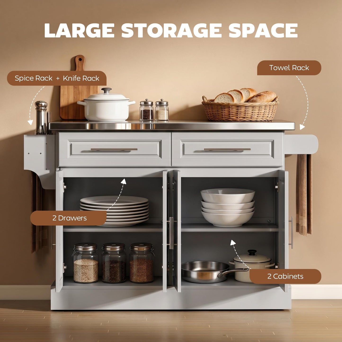 HOMCOM Rolling Kitchen Island Cart with 47" Stainless Steel Top, Portable Island Table for Kitchen with Wheels, Adjustable Shelves, 2 Drawers, Spice, Knife and Towel Rack, Gray