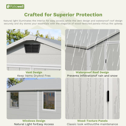 Patiowell 6X8 FT Resin Outdoor Storage Shed with Floor, Plastic Tool Sheds with Lockable Door and Window, Weather-Resistant Garden Shed, Easy Assembly for Backyard, Patio, Light Grey