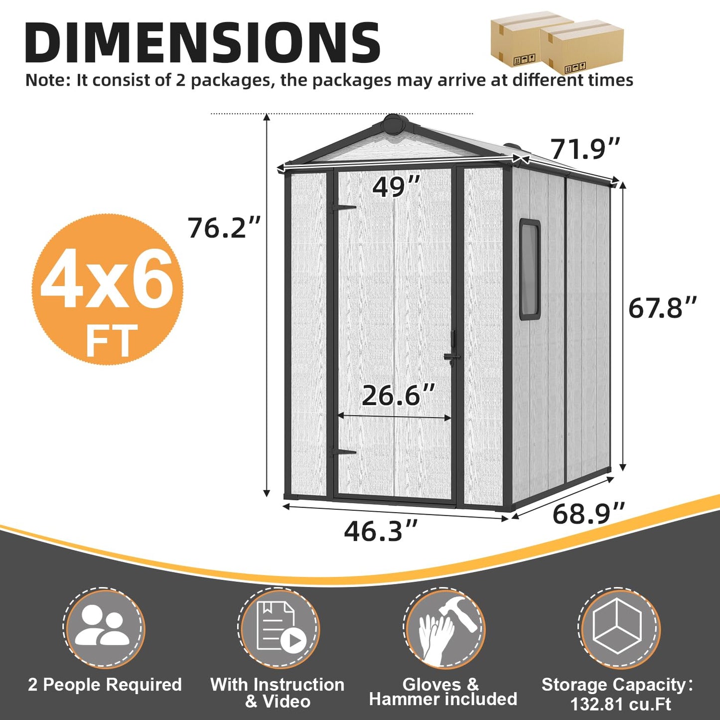 MELLCOM 4 x 6 FT Resin Outdoor Storage Tool Shed with Floor, Plastic Outdoor Storage Shed with Windows and Lockable Door, Garden Shed for Lawnmower, Pool Supply, Bike