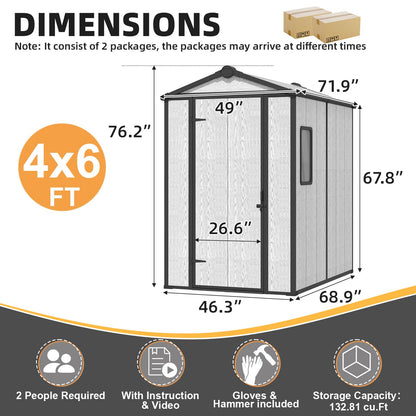 MELLCOM 4 x 6 FT Resin Outdoor Storage Tool Shed with Floor, Plastic Outdoor Storage Shed with Windows and Lockable Door, Garden Shed for Lawnmower, Pool Supply, Bike