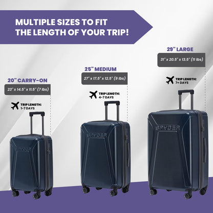 Spyder Traverse 3 Piece Carry On & Checked Suitcase Set with 360° Spinner Wheels, TSA Approved Lock (20 Inch, 25 Inch, 29 Inch), Deep Blue