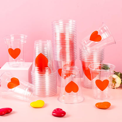 AimFun 50Pcs Valentine's Day Plastic Cups Red Heart Party Cups 12oz Clear Heart Disposable Drinking Cups for Valentines Wedding Galentine's Day Anniversary Party Supplies