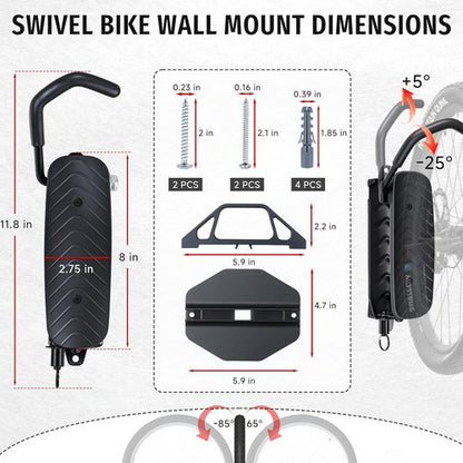 BYHUME Bike Rack | Space-Saving Vertical Wall Mount with 150° Swivel - Holds Up to 66lbs, 2 Pack